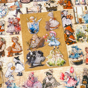 48 piece storybook daydreams PET sticker collection featuring vintage style children, teddy bears, flowers, woodland animals, cottagecore scenes and whimsical fairytale illustrations. Muted antique retro colours. UK cute stationery shop and letterbox gifts store.