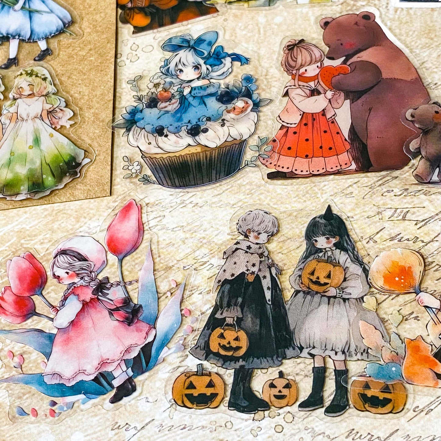 48 piece storybook daydreams PET sticker collection featuring vintage style children, teddy bears, flowers, woodland animals, cottagecore scenes and whimsical fairytale illustrations. Muted antique retro colours. UK cute stationery shop and letterbox gifts store.
