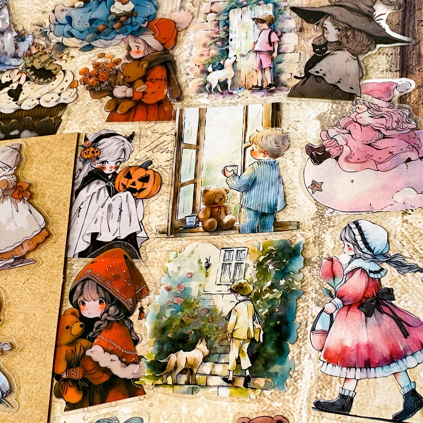 48 piece storybook daydreams PET sticker collection featuring vintage style children, teddy bears, flowers, woodland animals, cottagecore scenes and whimsical fairytale illustrations. Muted antique retro colours. UK cute stationery shop and letterbox gifts store.