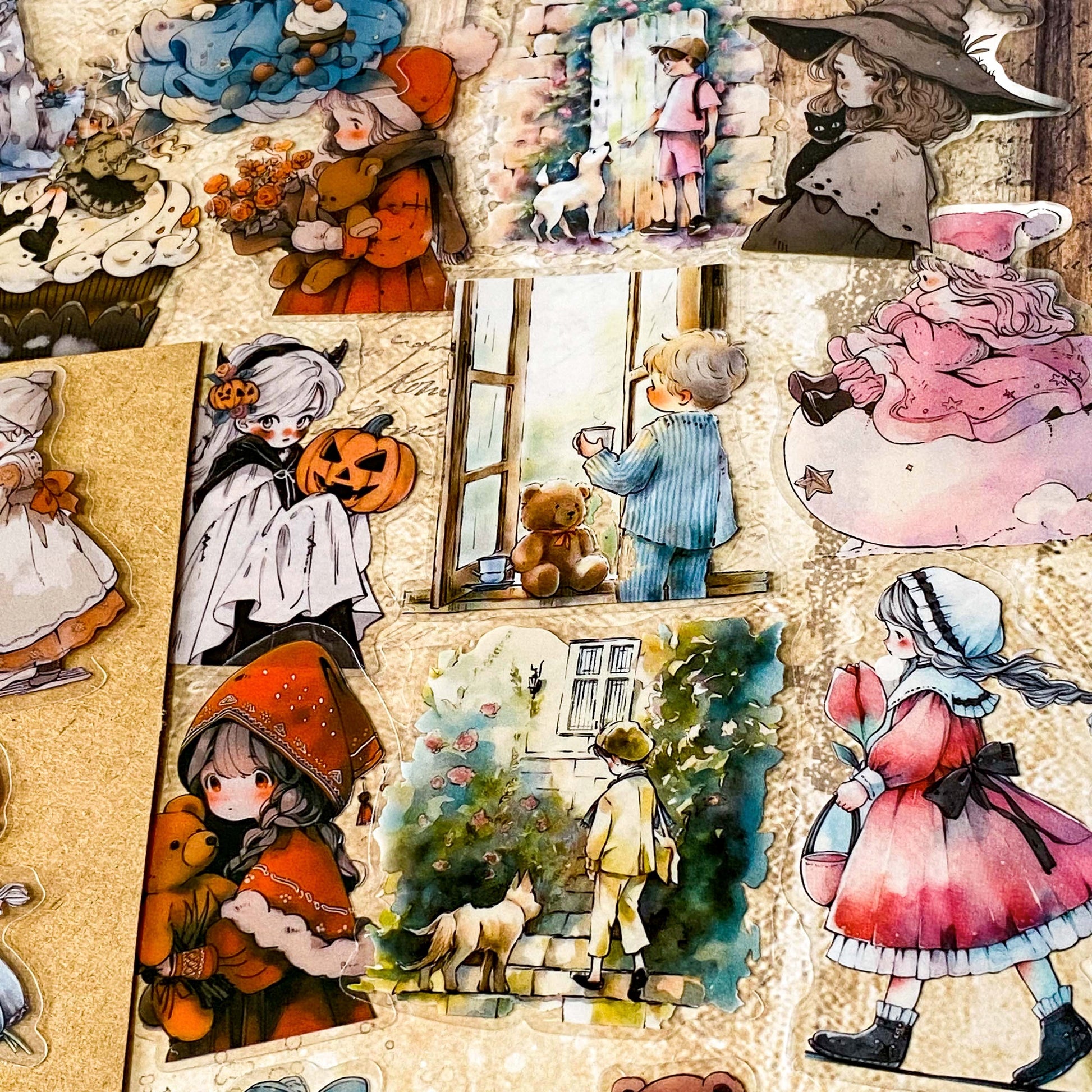 48 piece storybook daydreams PET sticker collection featuring vintage style children, teddy bears, flowers, woodland animals, cottagecore scenes and whimsical fairytale illustrations. Muted antique retro colours. UK cute stationery shop and letterbox gifts store.