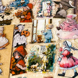 48 piece storybook daydreams PET sticker collection featuring vintage style children, teddy bears, flowers, woodland animals, cottagecore scenes and whimsical fairytale illustrations. Muted antique retro colours. UK cute stationery shop and letterbox gifts store.