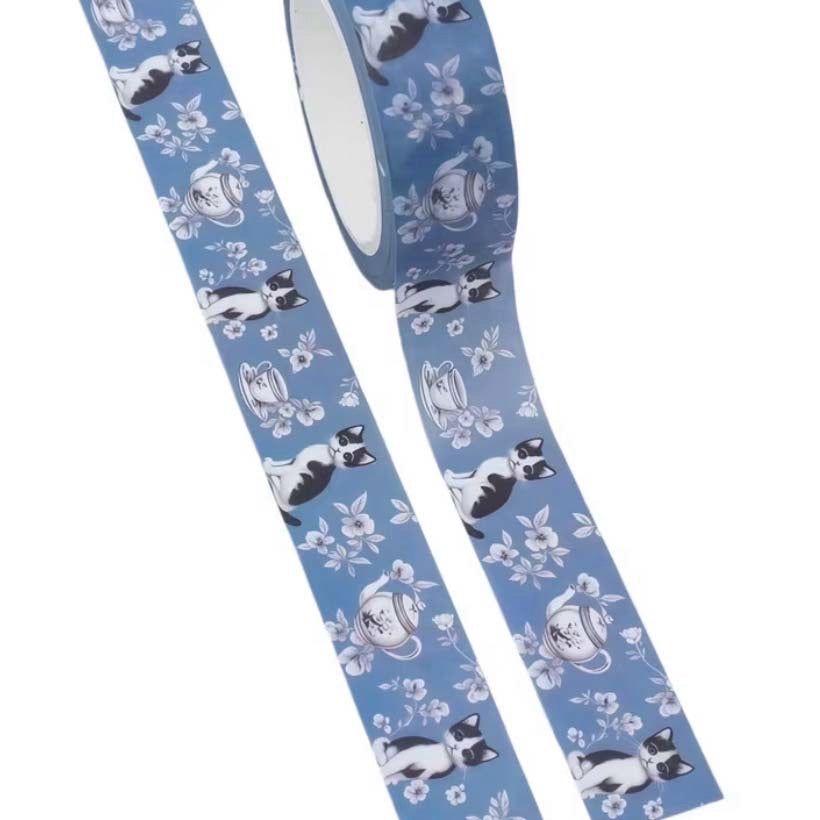 washi tape roll 10m long with a blue cats and teapots design on a white background