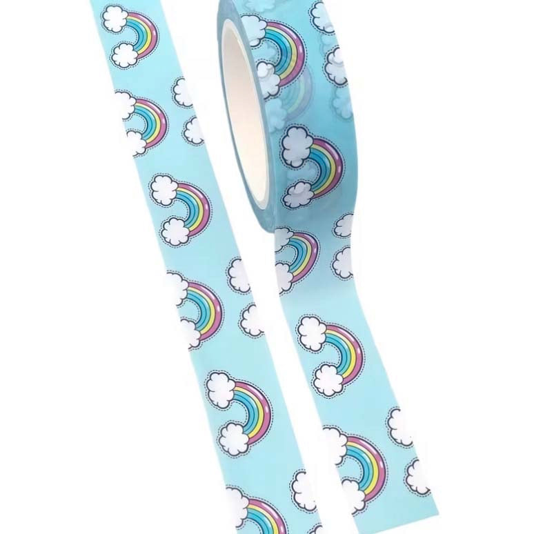10m washi Tape with rainbow and cloud pattern on a light blue background