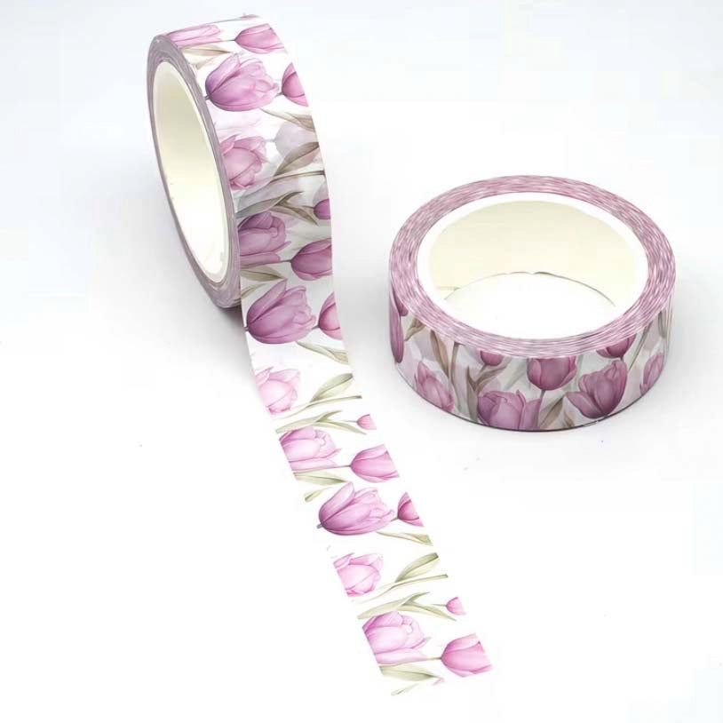 Two rolls of floral 10m washi tape with purple tulips on a white background
