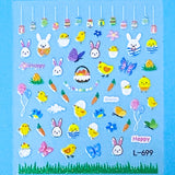 Sheet of Easter-themed nail art stickers with bunnies, chicks, and eggs on a blue background.