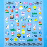 Sheet of Easter-themed glitter nail art stickers with various designs on a blue background