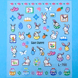 Sheet of cartoon bunny nail art stickers on a blue background