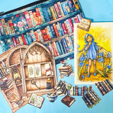 storybook themed stationery gift set with book print pouch, fairy illustration postcard and magical cabinet ephemera pieces