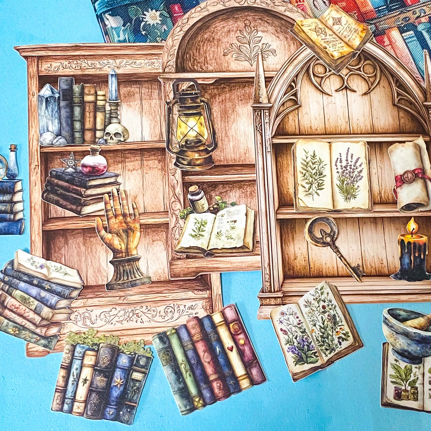 storybook themed stationery gift set with book print pouch, fairy illustration postcard and magical cabinet ephemera pieces