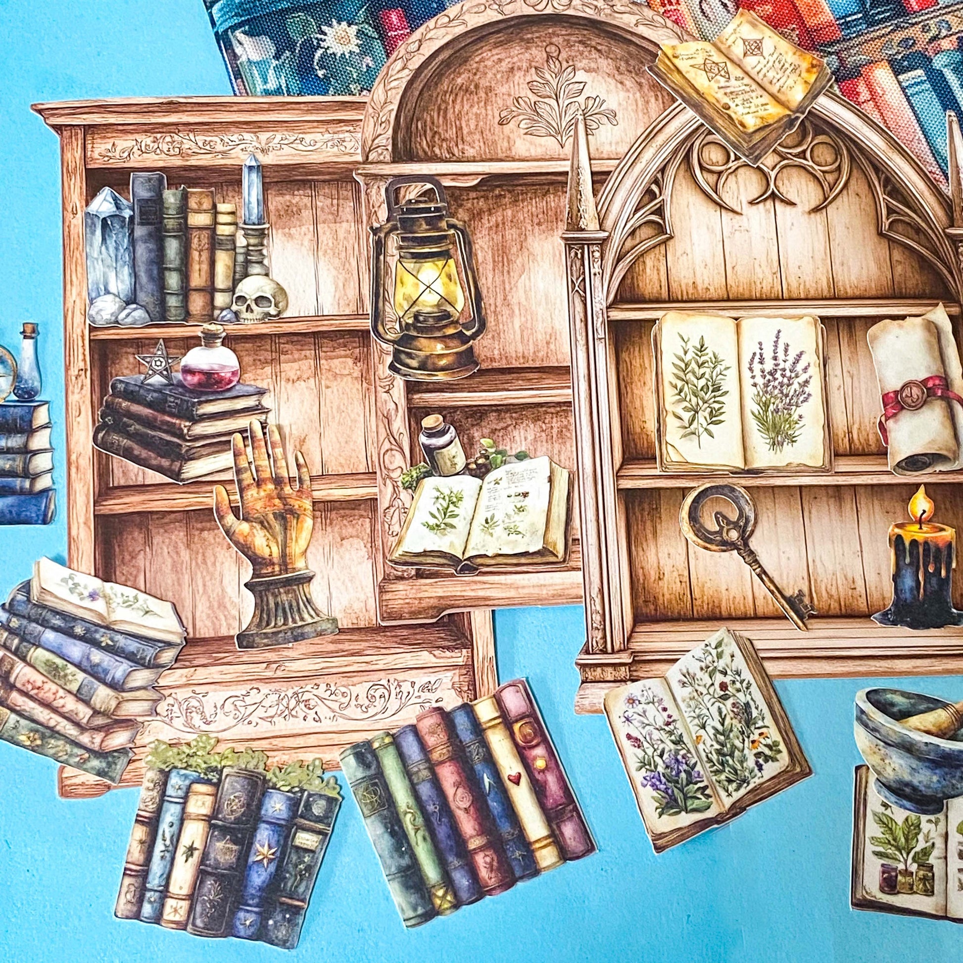 storybook themed stationery gift set with book print pouch, fairy illustration postcard and magical cabinet ephemera pieces