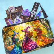 moon witch gift set with illustrated pouch, magical postcards, holographic stickers and celestial bookmark on blue background