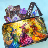 moon witch gift set with illustrated pouch, magical postcards, holographic stickers and celestial bookmark on blue background