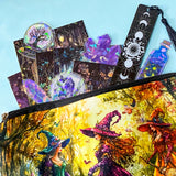 witchy stationery bundle with colourful witch pouch, forest magic postcards, holographic stickers and moon phase bookmark with tassel on a blue background