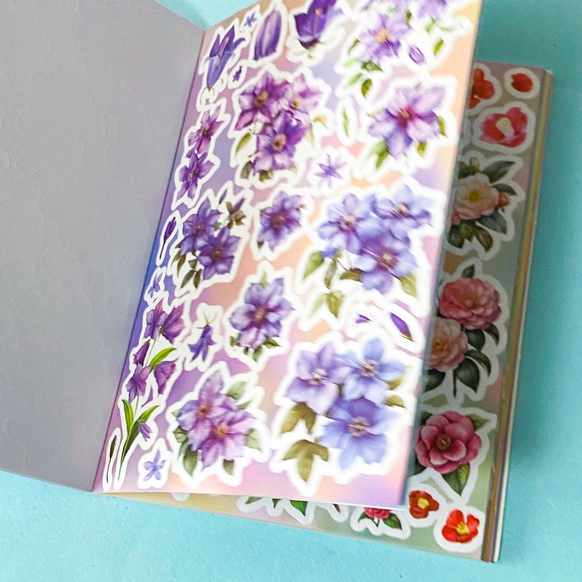 31 page floral sticker book on a blue background