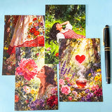 set of 4 cottage garden postcards featuring floral artwork, a girl in a garden, a steaming mug with a heart wrapped by a kraft belly band and wax seal sticker on a blue background