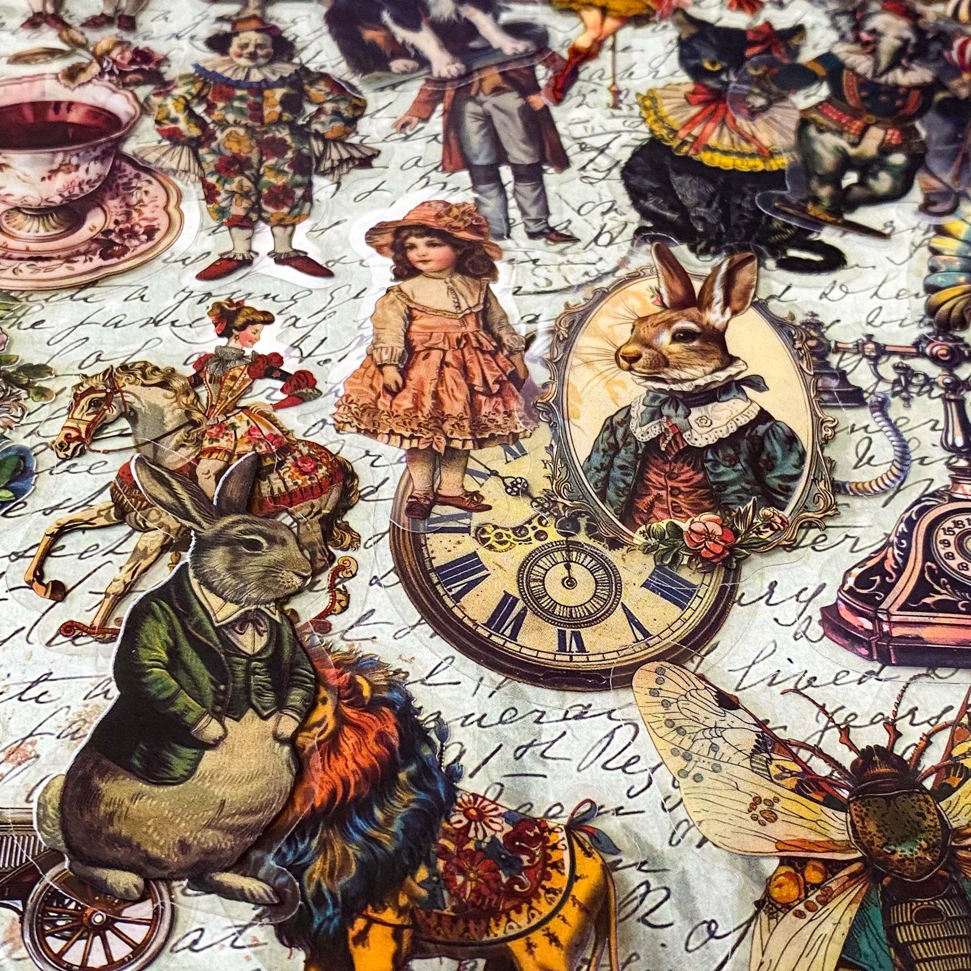 vintage style large clear stickers set with victorian animals including rabbit, black cat, pantomime horse and insect