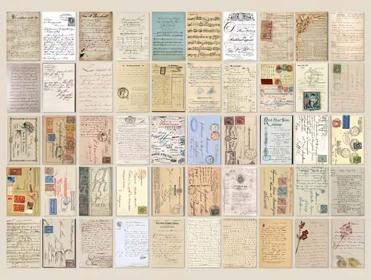 mini blush manuscript scrapbook paper and vellum book filled with antique handwriting, letters and postal ephemera papers