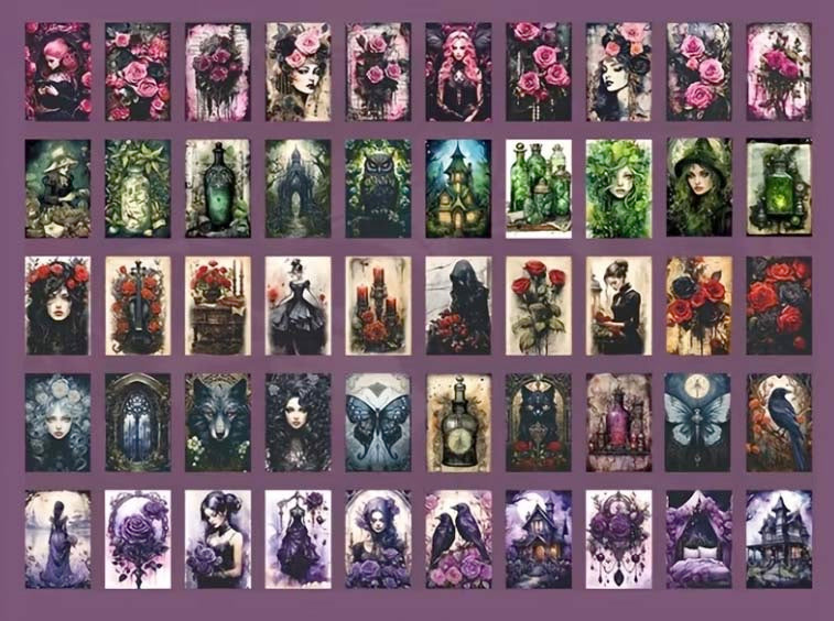 collection of 50 matte gothic forest stickers in a mini book including dark florals, woodland scenes and moody vintage style illustrations