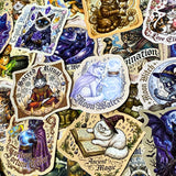 glossy vintage cats laptop stickers with a mystical theme including designs of love potion cat, fortune telling cat, crystal magic cat and sacred ritual cat