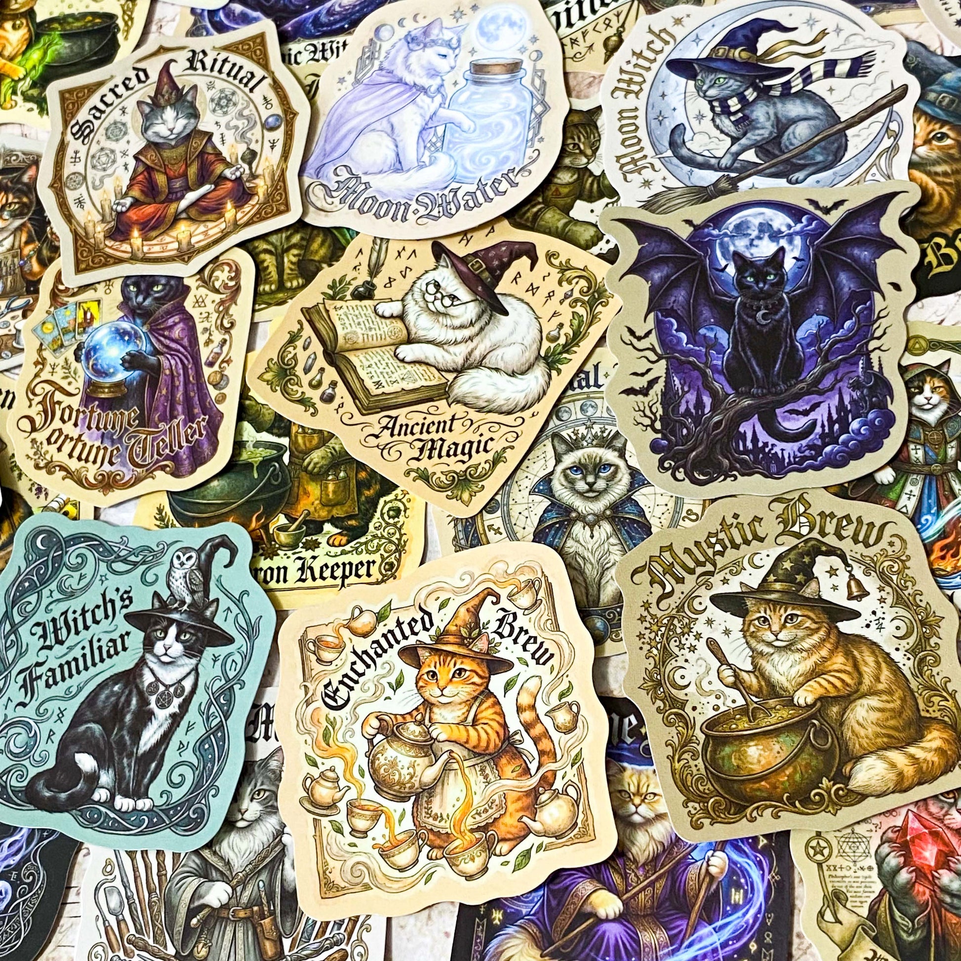 Collection of witch-themed stickers with cats, potions, and magical elements. all in vintage dark academia style aesthetic including mystical brew cat and moon witch cat