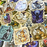 Collection of witch-themed stickers with cats, potions, and magical elements. all in vintage dark academia style aesthetic including mystical brew cat and moon witch cat