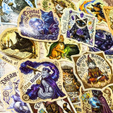 Collection of mystical stickers featuring cats, crystals, and magical elements.