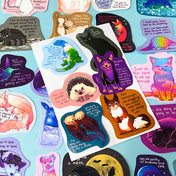 colourful glossy affirmation stickers with cute animals and positive mental health messages including foxes, cats and fantasy creatures on pastel background