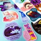 colourful glossy affirmation stickers with cute animals and positive mental health messages including foxes, cats and fantasy creatures on pastel background