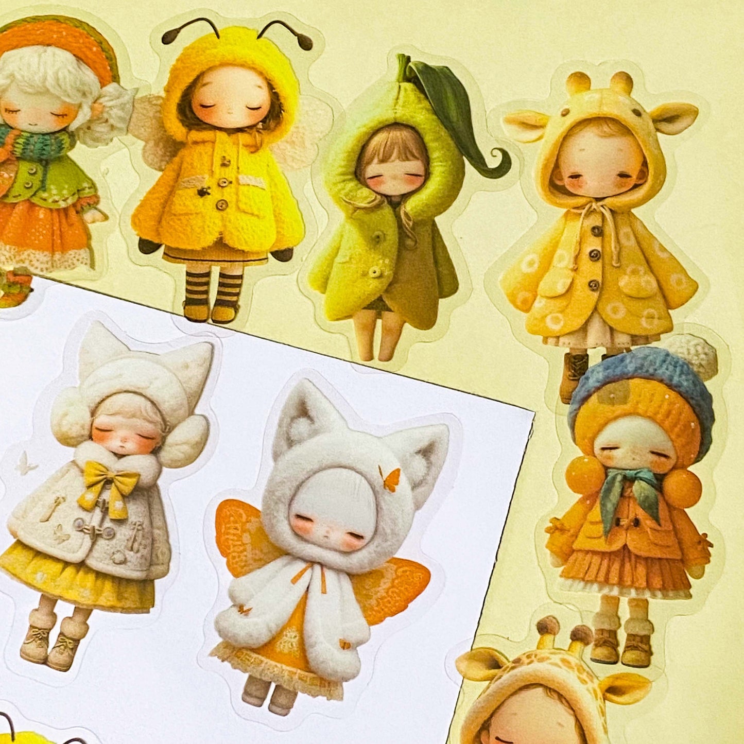 sunshine yellow and orange sticker set with 20 large PET doll stickers of girls in cute outfits and costumes, including a pea, cat, bee and giraffe. Adorable designs of cosy winter clothing and animals. 