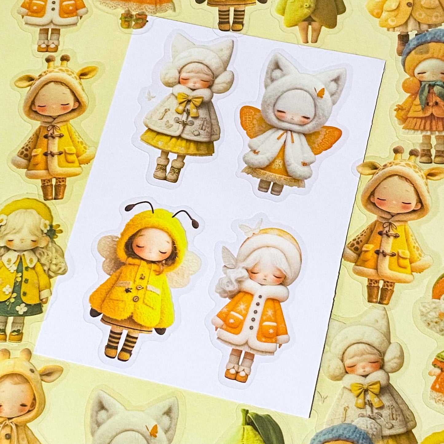 sunshine yellow and orange sticker set with 20 large PET doll stickers of girls in cute outfits and costumes, including a pea, cat, bee and giraffe. Adorable designs of cosy winter clothing and animals. 