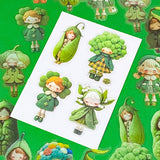 edible vegetables cute green large PET doll stickers with adorable costumes of peas, broccoli, lily of the valley, clover and winter cosy clothing outfits. Vibrant sticker pack of 20. Uk small stationery business.