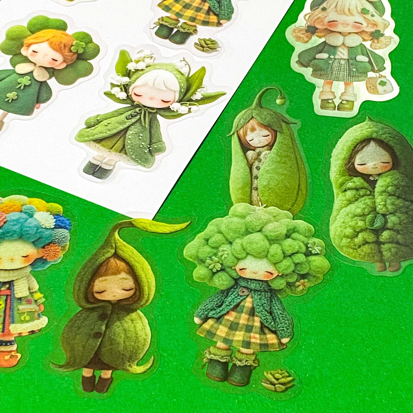 edible vegetables cute green large PET doll stickers with adorable costumes of peas, broccoli, lily of the valley, clover and winter cosy clothing outfits. Vibrant sticker pack of 20. Uk small stationery business.