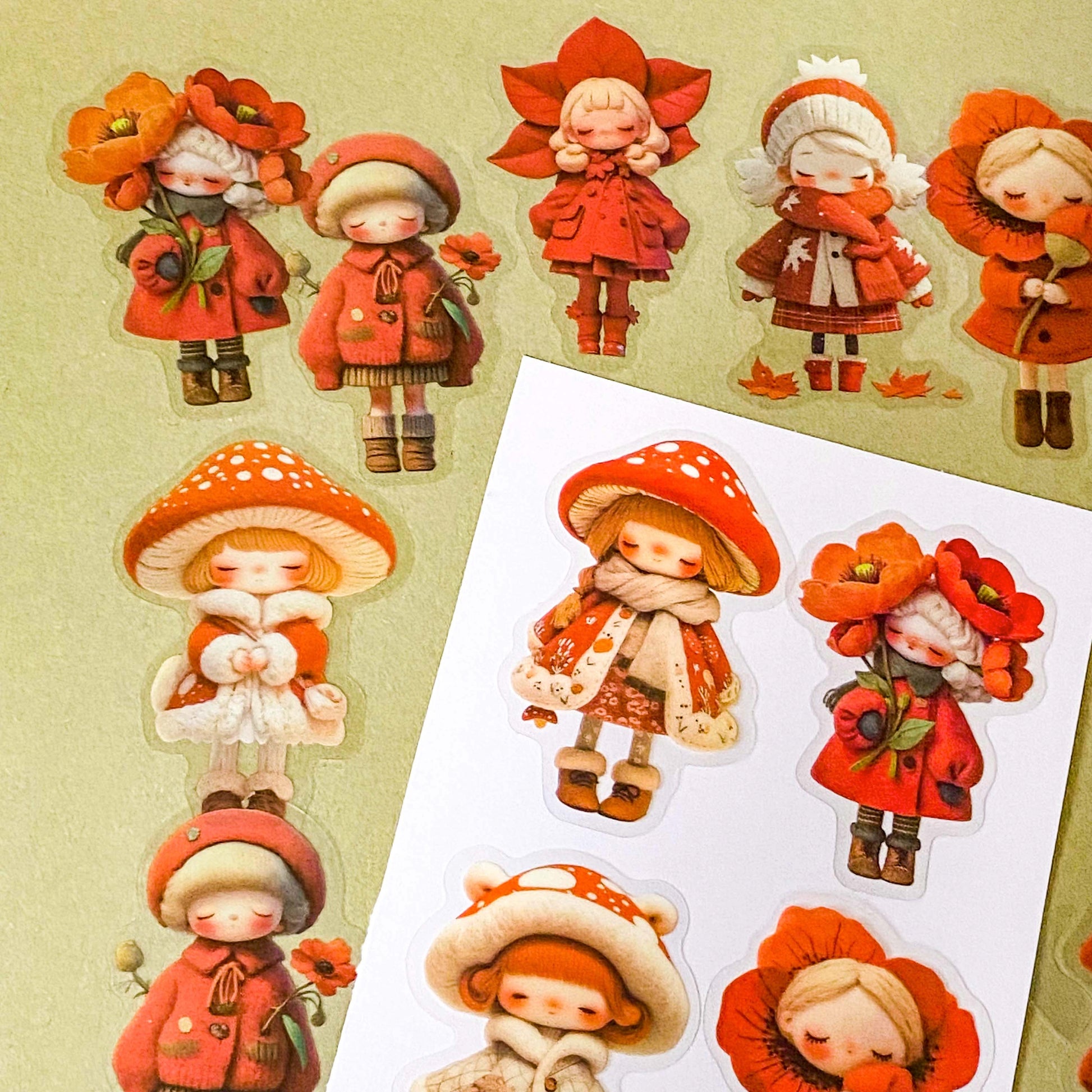 bright vibrant red doll stickers pack of 20 with colourful girls in cute outfits. Designs include a mushroom, poppies, flower petals and winter cosy outfits. uk stationery shop for kawaii gifts.