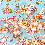 set of 6 kawaii bunny clear plastic sticker sheets with pastel rabbits, flowers and gift illustrations on a blue background