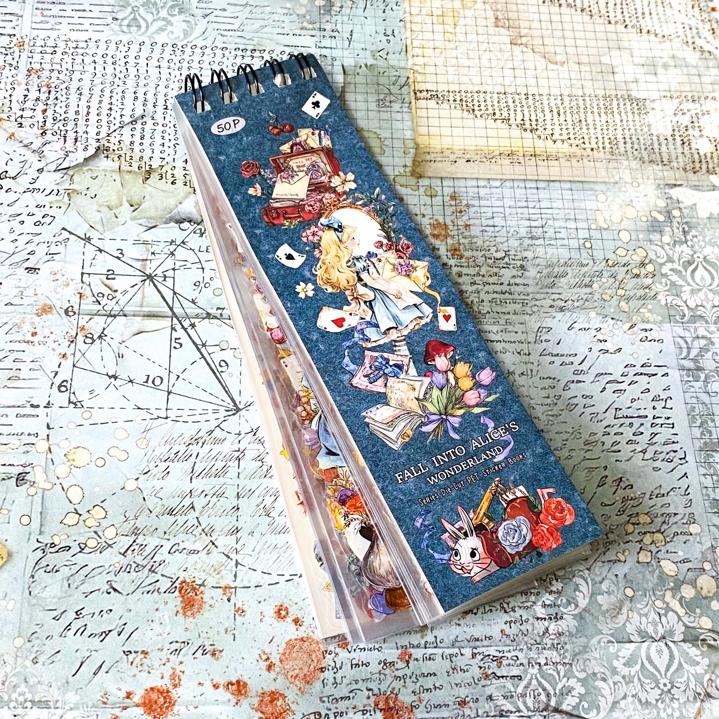 alice in wonderland blue cover long sticker book of 50 clear PET sticker sheets