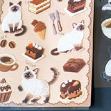 sticker sheets with clear PET cats and cafe food and drinks including siamese cat, coffee, chocolate cake, ice cream and pastries