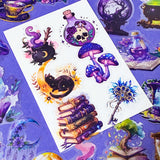 magic magical mystical witch witchcraft PET sticker stickers big large clear plastic pack hat potion cat black crystal ball books spells moon moons girl mushroom moth purple blue owl owls pentagon pentangle uk cute kawaii colourful stationery pack set gift gifts