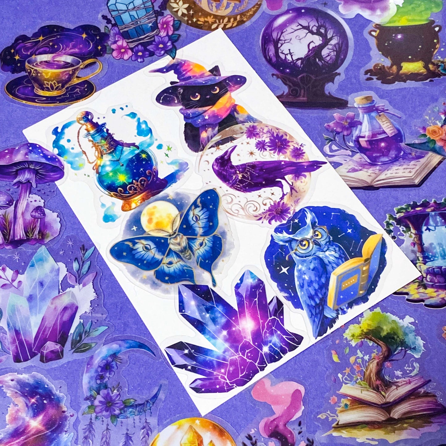 magic magical mystical witch witchcraft PET sticker stickers big large clear plastic pack hat potion cat black crystal ball books spells moon moons girl mushroom moth purple blue owl owls pentagon pentangle uk cute kawaii colourful stationery pack set gift gifts