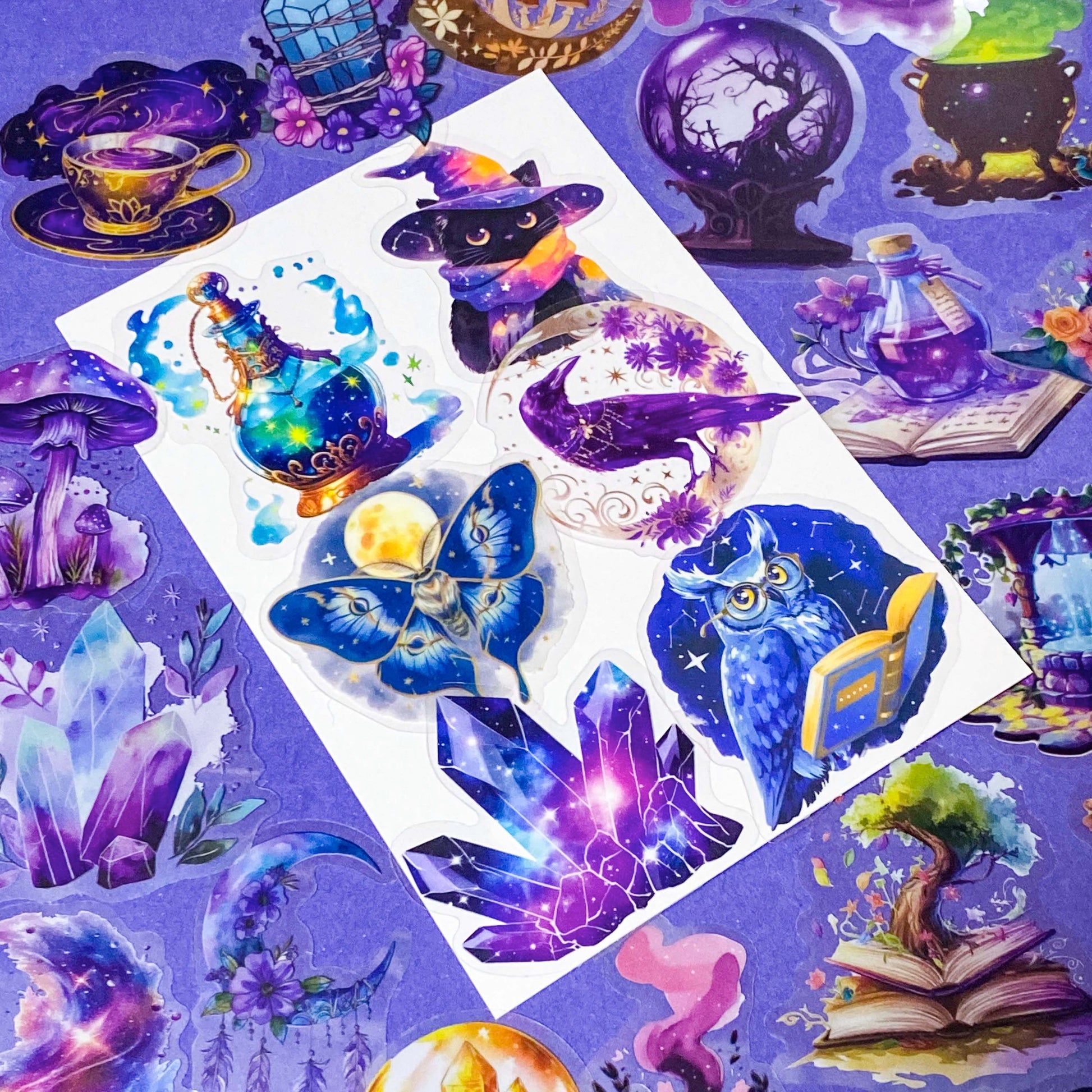 magic magical mystical witch witchcraft PET sticker stickers big large clear plastic pack hat potion cat black crystal ball books spells moon moons girl mushroom moth purple blue owl owls pentagon pentangle uk cute kawaii colourful stationery pack set gift gifts