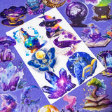 magic magical mystical witch witchcraft PET sticker stickers big large clear plastic pack hat potion cat black crystal ball books spells moon moons girl mushroom moth purple blue owl owls pentagon pentangle uk cute kawaii colourful stationery pack set gift gifts