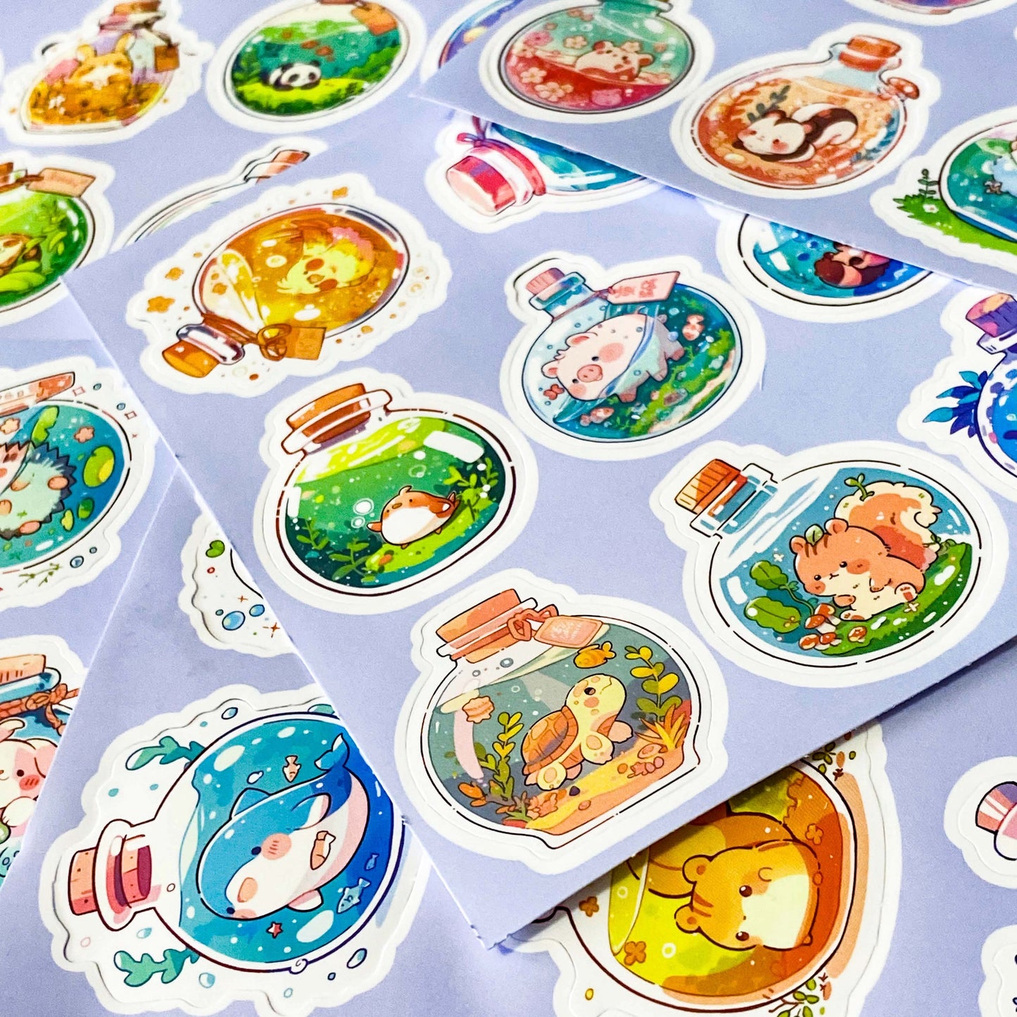 kawaii potion bottle sticker sheets with cute animals inside glass bottles, pastel journal stickers set