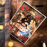 alice in wonderland inspired mosaic puzzle sticker craft kit with numbered template sheet and transparent PET sticker pieces revealing a whimsical tea party illustration