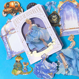 cinderella themed fairytale card sticker pack with blue gowns, pumpkin carriage, ornate mirror, magical storybook illustrations. Uk cute stationery.