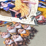 snow white inspired fairytale card sticker pack with enchanted mirrors, red apples, woodland dwarves and princess illustrations in rich jewel tones