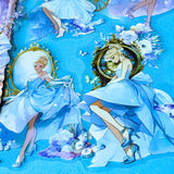 large Cinderella inspired clear PET sticker pack with dreamy blue princess illustrations, ornate mirrors, clocks, butterflies and fairytale carriage artwork