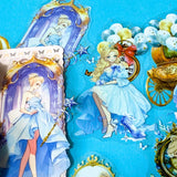 large Cinderella inspired clear PET sticker pack with dreamy blue princess illustrations, ornate mirrors, clocks, butterflies and fairytale carriage artwork