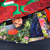 strawberries and red roses letterbox gift set featuring a lined emerald green and crimson floral pouch, rose sticker sheets, floral acrylic bookmark with tassel, red metallic pen, romantic postcards and enamel strawberry brooch. Uk letterbox gifts shop.