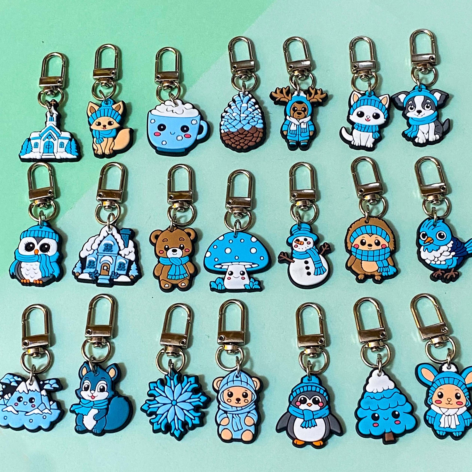 blue beige and white silicone keyring keyrings key clip clips large chunky gift gifts uk shop store stocking fillers filler winter cute kawaii bear snowflake owl owls squirrel mountain cocoa hot chocolate pine cone snowman fox foxes reindeer deer rabbit penguin penguins mushroom hedgehog animal animals christmas festive winter