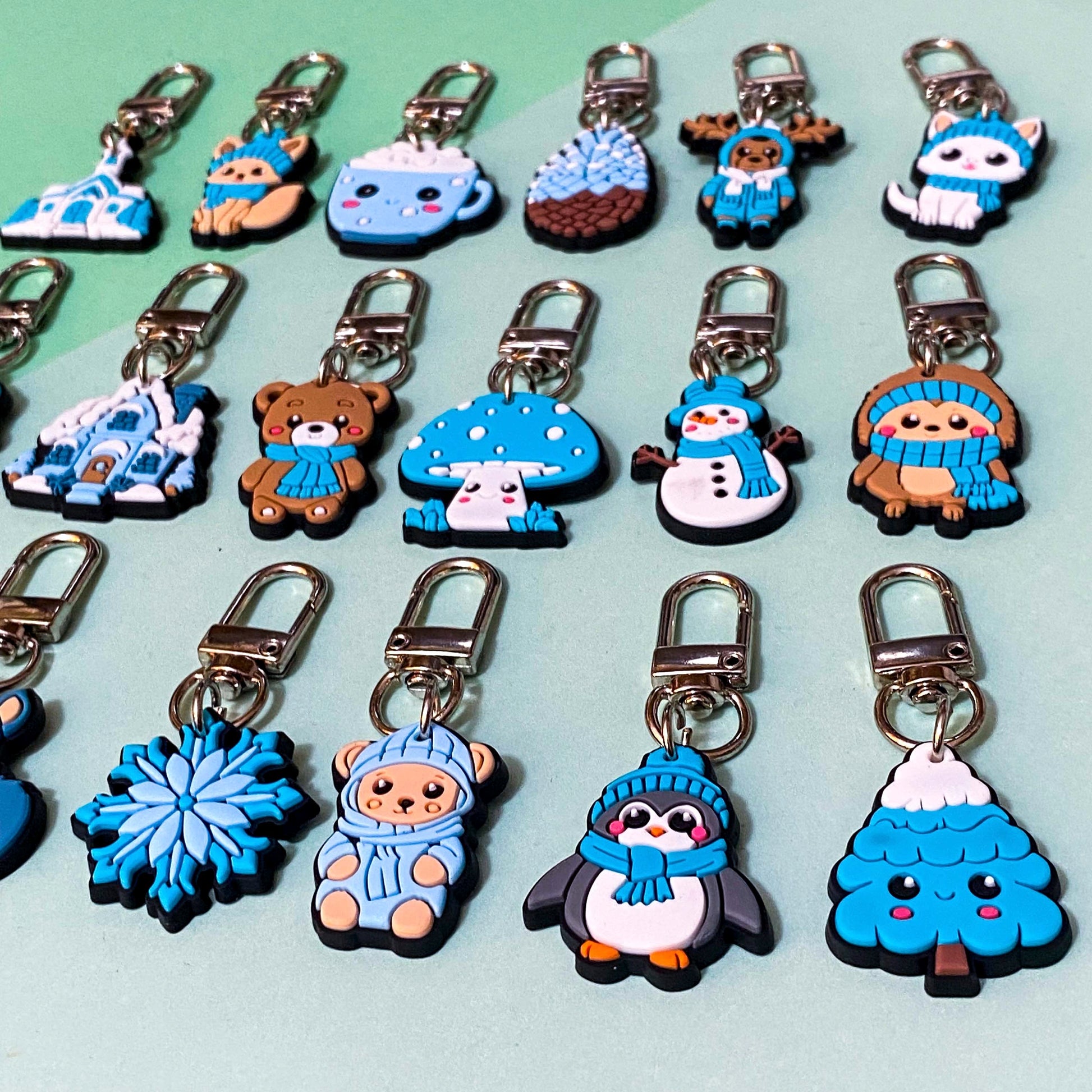 blue beige and white silicone keyring keyrings key clip clips large chunky gift gifts uk shop store stocking fillers filler winter cute kawaii bear snowflake owl owls squirrel mountain cocoa hot chocolate pine cone snowman fox foxes reindeer deer rabbit penguin penguins mushroom hedgehog animal animals christmas festive winter