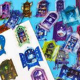 fantasy plastic sticker set featuring magical cabinets, glowing bookshelves, potion cupboards and celestial library illustrations in blue, purple and green tones. UK cute stationery, sticker shop.